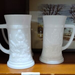 Vintage White Milk Glass Relief Beer Stein Mugs - Set of 6